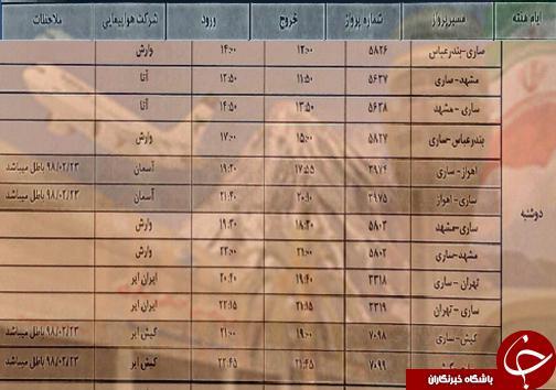 پرواز های دوشنبه 20 آبان ماه فرودگاه های مازندران