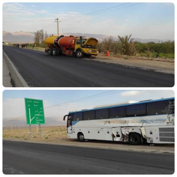 9 نفر مصدوم دربرخورد تانکر سوخت رسان و اتوبوس حامل کارگران در راور کرمان